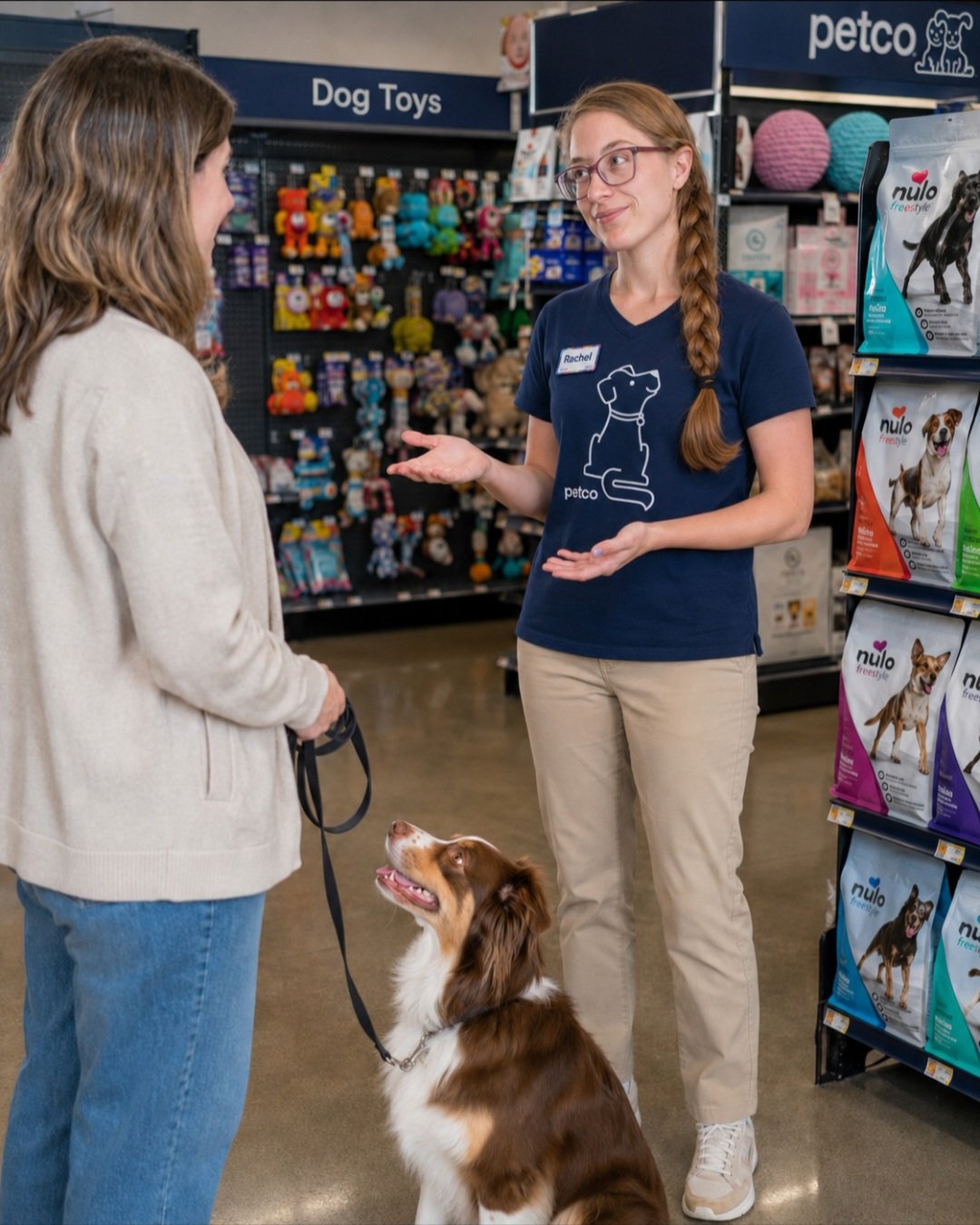Rachel helping a customer and dog at Petco